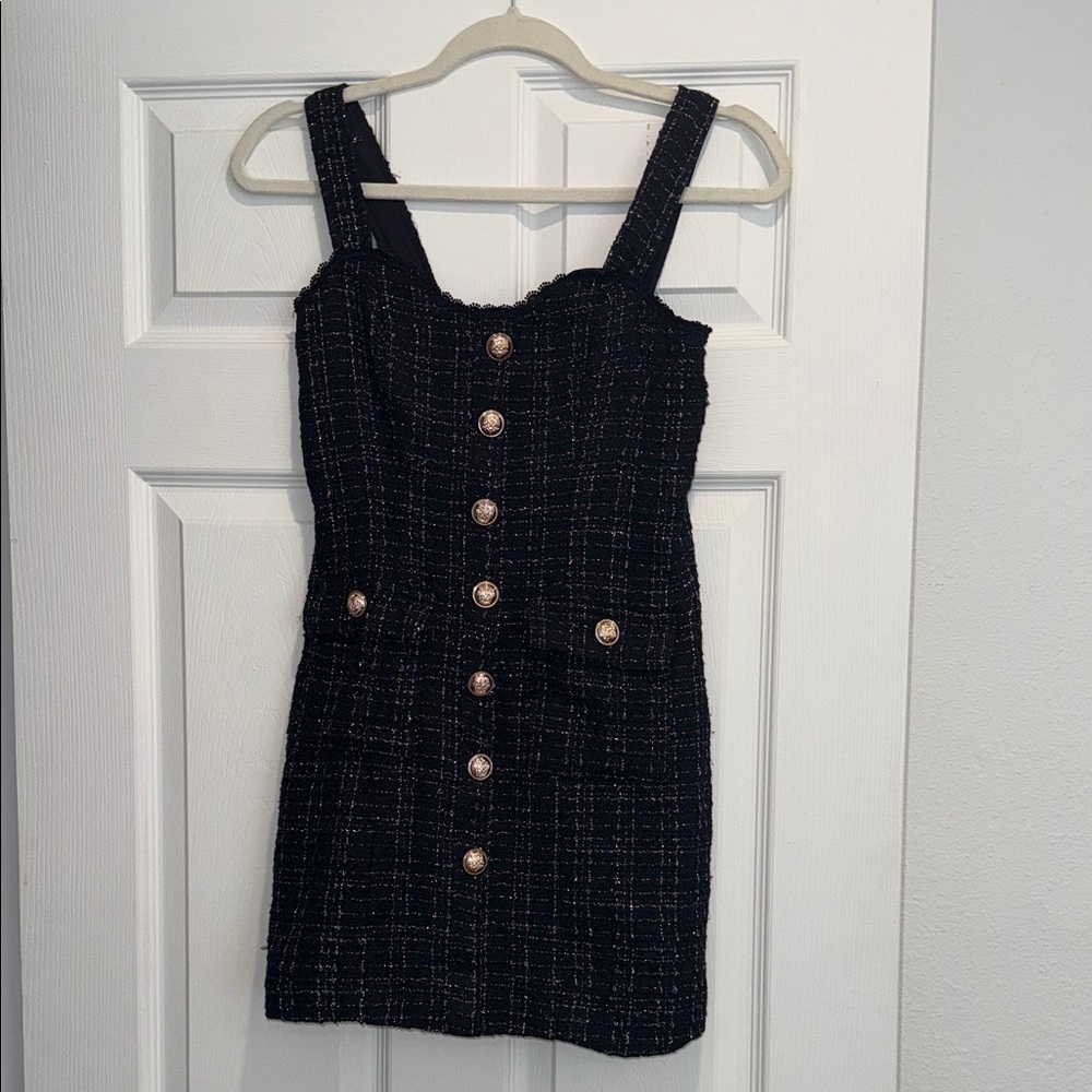 SHEIN Elegant Black Tweed Dress with Gold Buttons